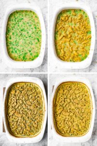 Four overhead photos of a white rectangular baking dish showing the process of making a vegan broccoli rice casserole