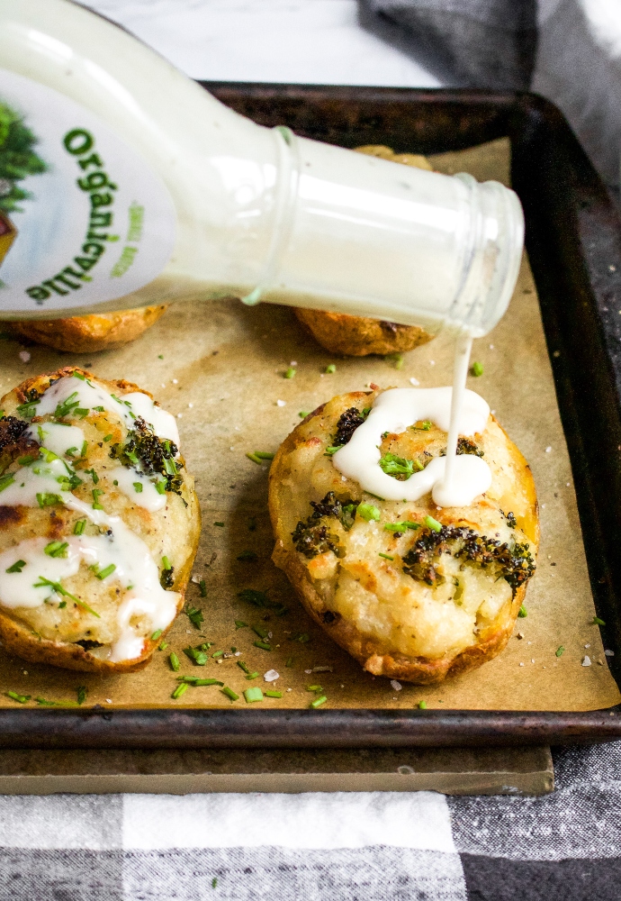 These Vegan Broccoli Ranch Twice-Baked Potatoes are the perfect dairy-free AND gluten-free side dish for almost any meal, or make a meal out of them alone! This is plant-based comfort food at its finest. Russet potatoes are baked and then filled with a creamy ranch-and-broccoli-infused whipped potato filling and re-baked to crispy perfection.