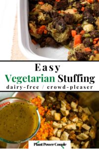 This vegetarian Thanksgiving stuffing recipe is an amazing plant-based side dish for your holiday table. It’s easy to make with simple ingredients, and the flavors are so cozy! The texture of this vegan stuffing recipe comes out warm and bready on the inside and slightly crispy on top. In the post, we’ve included a quick video, plenty of substitution options, and time-saving tips. #veganthanksgiving #dairyfreerecipes #veganstuffing #vegetariancomfortfood