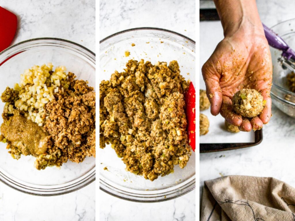 The first three steps to make vegetarian stuffing balls: Add all the ingredients to a bowl, stir them together, use your hand to form balls