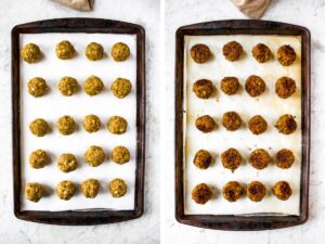 Two photos showing vegan stuffing balls with walnut sausage on a baking sheet before and after baking