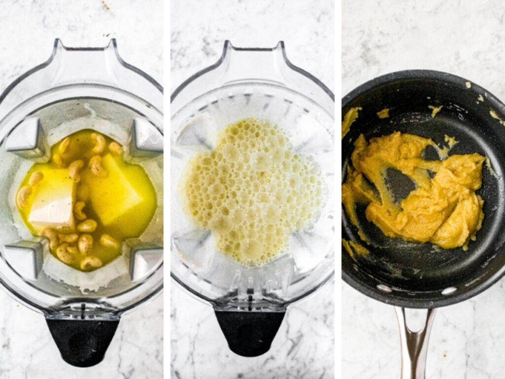 Three side by side photos showing the process of making dairy free tetrazzini sauce.