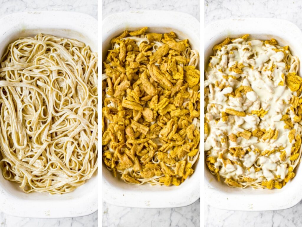 Three side by side photos showing the process of layering noodles and dairy free tetrazzini sauce in a casserole dish to make vegan tetrazzini.