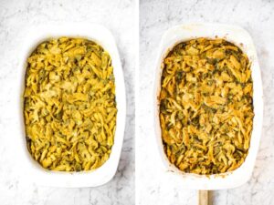 Two side by side photos showing a casserole dish of vegan tetrazzini before and after baking it.