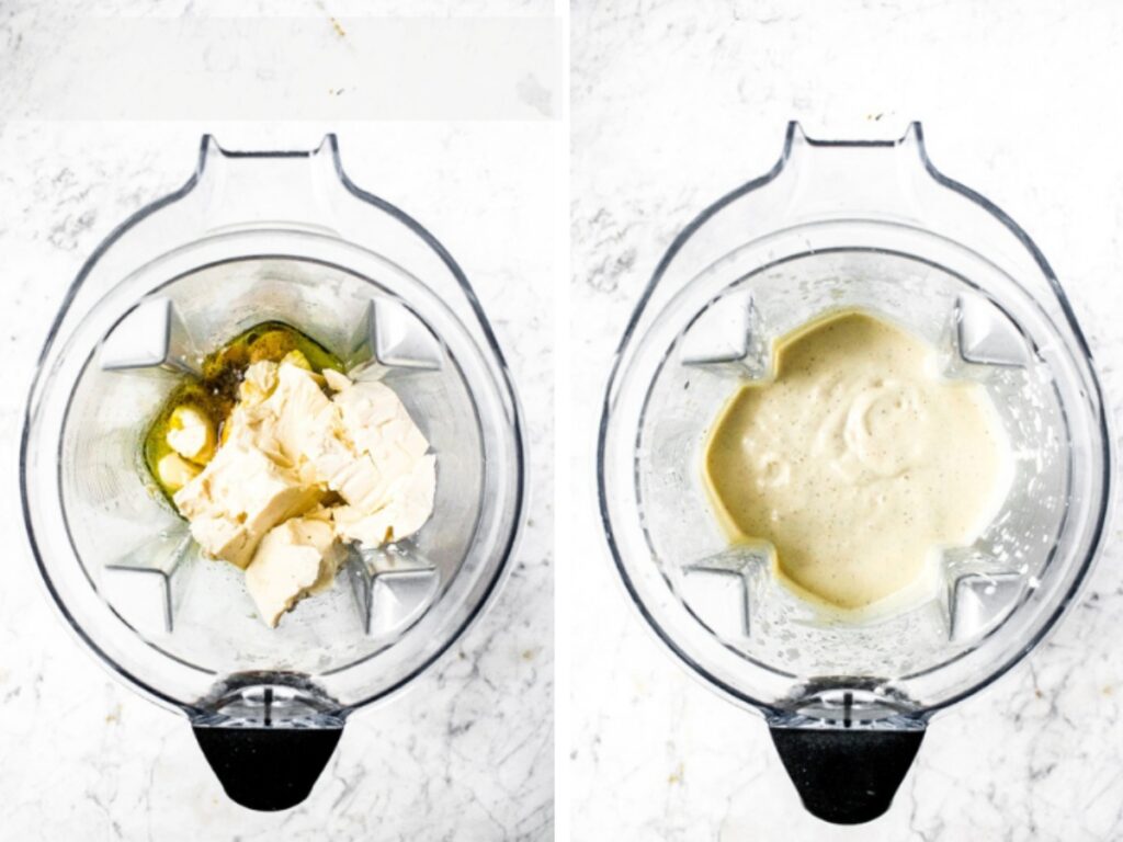 Two side by side photos that are overhead shots of a Vitamix blender before and after blending the ingredients for a vegan caesar salad dressing.