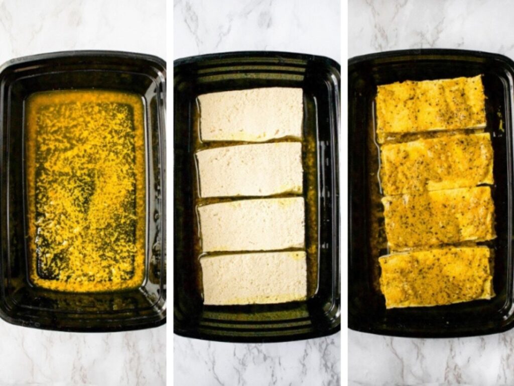 A grid with three side by side photos of marinating lemon pepper tofu in a rectangular black container