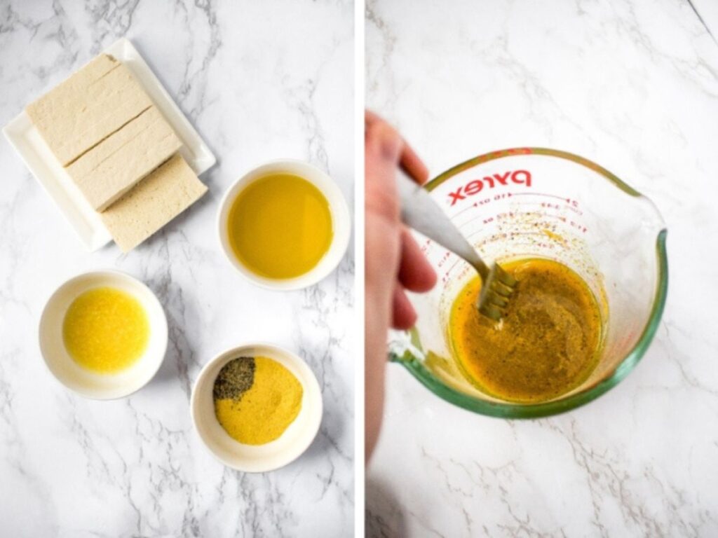 A grid with two side by side photos showing what the marinade ingredients look like before and after mixing