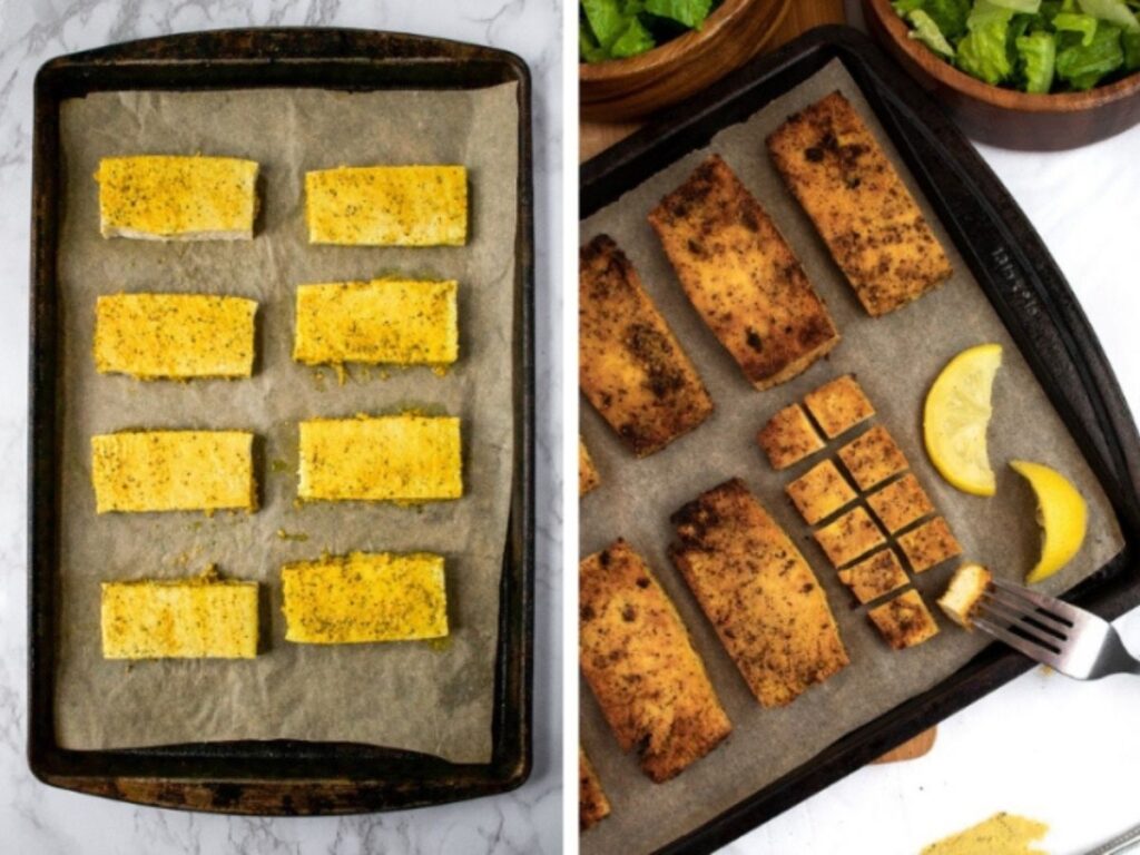 A grid with two overhead views of tofu on a parchment-lined baking sheet before and after baking