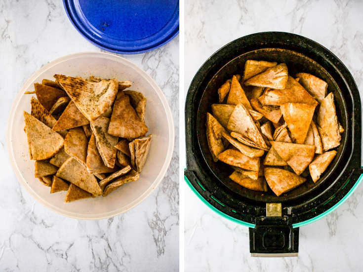 Make your own pita chips in the air fryer with just 4 ingredients and 20 minutes of your time! Perfect for snacking or dipping in hummus. 