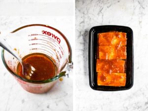 Two side by side photos showing the process of marinating tofu cutlets. The first is a photo of a fork mixing the marinade in a measuring cup. The second is an overhead shot of the marinating tofu cutlets in a container.