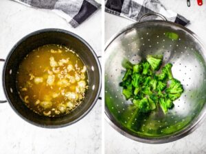 Two side by side photos showing the first two steps of making healthy vegan broccoli cheddar soup: simmer the ingredients, steam the broccoli