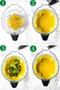 Four overhead shots of vegan broccoli cheddar soup in a blender: before blending, after blending, before pulsing in the broccoli, after pulsing in the broccoli