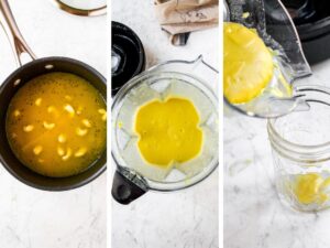 Three photos showing the steps to making vegan condensed cream of chicken soup recipe: first, simmer all ingredients in a pot. Then, add them to a high-powered blender like a vitamix. Finally, blend and pour into 3 8-ounce jars. Cover and let them thicken as they cool.