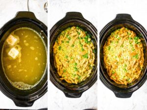 Three side by side photos showing the process of making vegan chicken and rice in a slow cooker with soy curls and green peas.