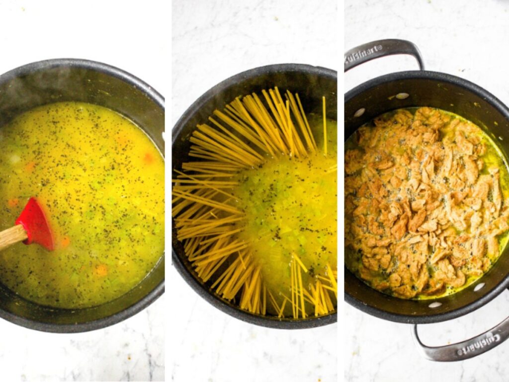 Three side by side photos showing the final three steps of making a vegan chicken noodle soup recipe