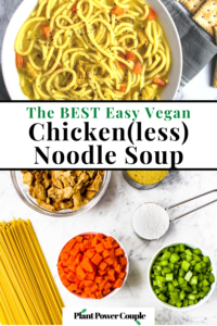 This vegan chicken noodle soup is the stuff of our childhood sick day dreams! There’s a warm + cozy broth bursting with flavor, thick brothy noodles, meaty soy curls, and the perfect combo of sauteed carrots, celery, and onions. It’s easy to make, super soothing, and includes a gluten-free option. This is the best vegan chicken noodle soup recipe for colds or for just warming up on a cold winter day!