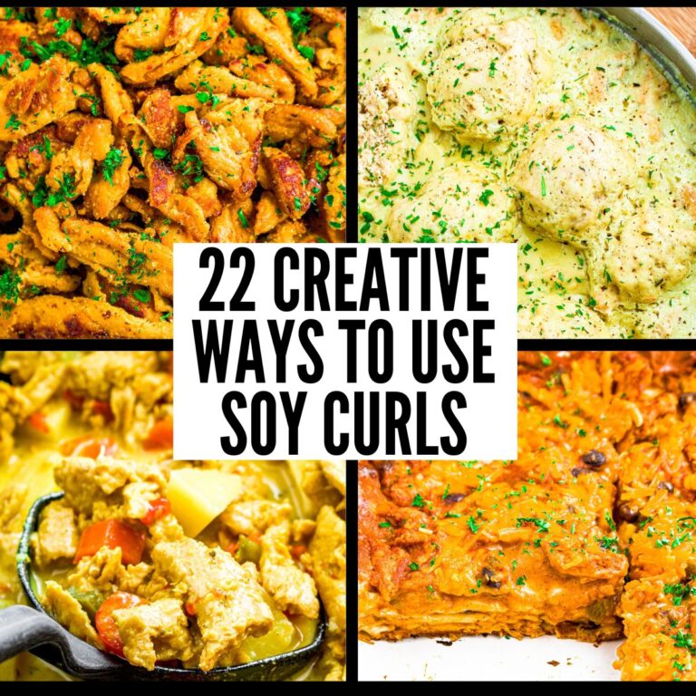 A grid with four photos of various soy curls dishes with text in a white box in the center of the grid reading twenty-two creative ways to use soy curls