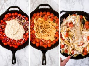 This Vegan Baked Feta Pasta is a Mediterranean-inspired, veganized version of the viral TikTok pasta recipe made famous by Finnish food blogger Jenni Häyrinen. In our version, we take it to the next level with flavors like tahini, kalamata olives, and roasted red peppers. Made with a luxurious homemade vegan feta cheese sauce, this recipe is not only a cheaper version than using store-bought vegan feta cheese, but it’s healthier and allergy-friendly too