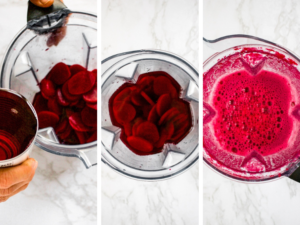 Step by step photos showing how to make beet puree for vegan burgers.