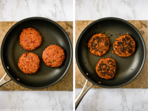 Three pan-fried vegan burgers before and after in the pan.