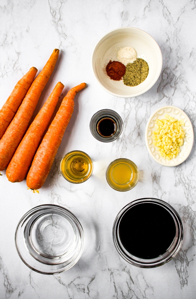Overhead photo of all the ingredients you need to make vegan carrot hot dogs