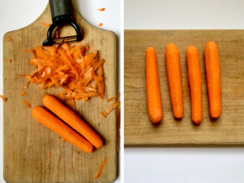 Two side by side photos of various stages of peeling and shaping carrots for carrot dogs