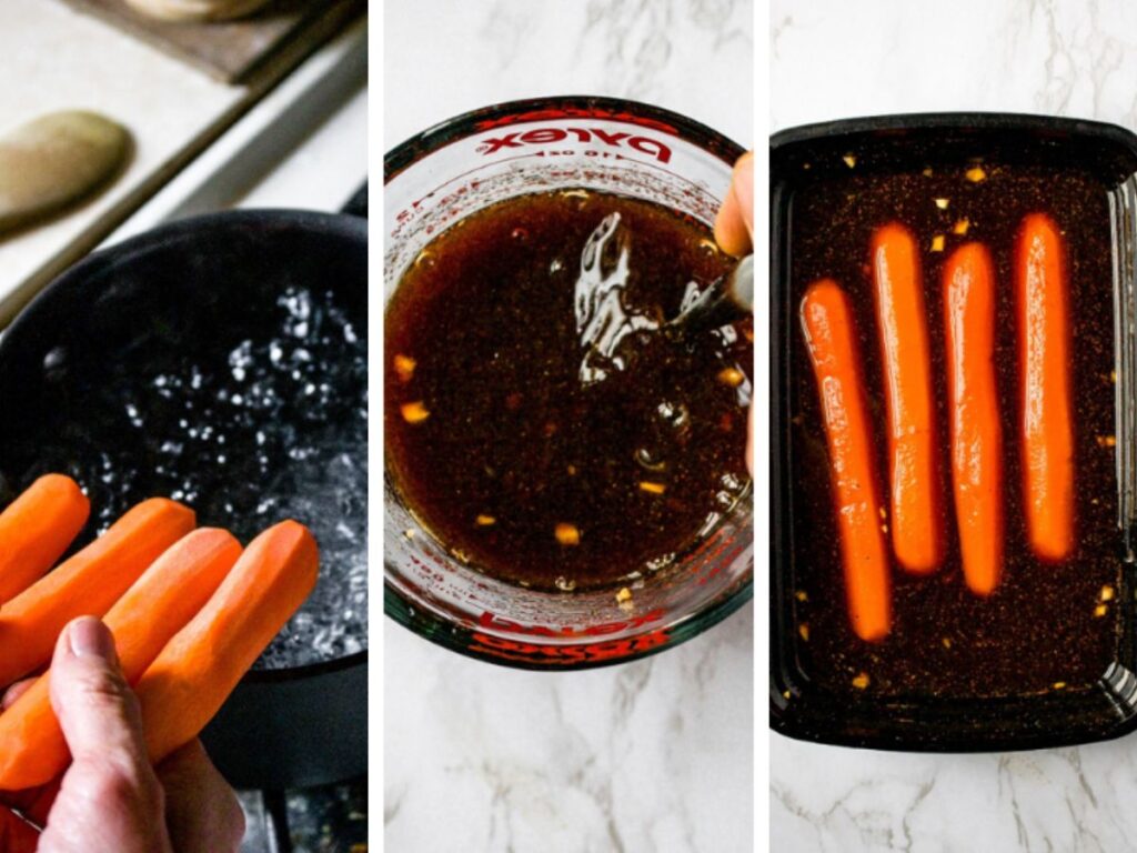 A grid with three photos showing the process of boiling carrots, mixing the marinade, and marinating carrots for carrot dogs