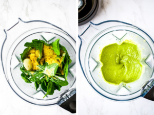 Overhead photo showing the before and after of blending a creamy avocado pesto sauce in a blender