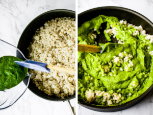 Two side by side photos showing the proces of pouring then stirring the creamy vegan pesto sauce on the barley to make a quick risotto