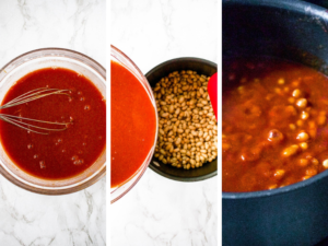 Three photos showing the process of how to make healthy vegan baked beans: Start by whisking together tomato paste, spices, and hot water. Pour this mixture over beans. Simmer everything until thick.