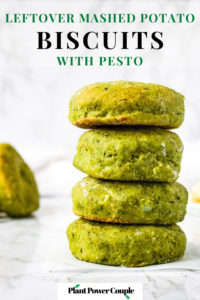 These Leftover Mashed Potato Biscuits with Dairy Free Pesto are soft, fluffy, and flavor-packed. Yeast-free biscuits are easy to make + taste great served as a plant-based breakfast with vegan butter, smothered in dairy-free gravy, alongside soup for lunch, or eaten straight out of the oven! It’s a great recipe to use up holiday or Thanksgiving leftovers. You only need 8 ingredients + 45 minutes to make homemade vegan potato biscuits! #veganbread #biscuits #leftovers #mashedpotatoes