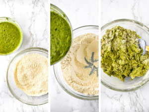 Three photos showing the first three steps to making vegan pesto potato biscuits: Mix the dry ingredients and wet ingredients in separate bowls, pour the wet into the dry, and mix all the ingredients together.