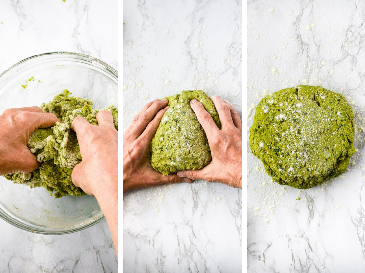 Three photos showing the process of making vegan pesto biscuits: knead the dough until it's smooth, then continue kneading on a floured surface, finish by sprinkling some flour on top.