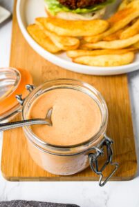 This is the BEST vegan burger sauce recipe! It’s tangy and flavorful with just a hint of spice and a touch of sweet. It’s like a vegan version of the Big Mac sauce! Perfect as a vegan burger condiment or sandwich spread; great for dipping fries or for making a vegan burger salad! It’s easy to make with simple ingredients you probably have in your house right now.