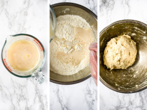 3 step by step shots showing the process of making homemade vegan bagel dough. Mix the warm water sugar and yeast, combine dry and wet ingredients, stir until the sides of the bowl aren't floury.
