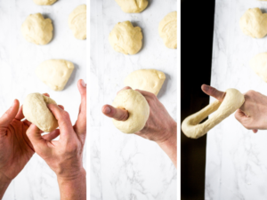 Step by step photo tutorial showing how to shape homemade vegan bagels
