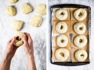 Step by step photo tutorial showing how to shape homemade vegan bagels