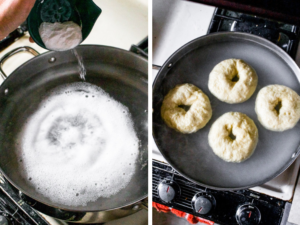 Two photos showing the process of boiling bagel dough in a bagel bath