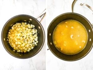 Two photos showing the first 2 steps to making this healthy potato soup recipe. Photo 1 is a shot of a pot with sauteed onion and garlic. Photo 2 is the same pot but with broth, cashews, and red lentils.