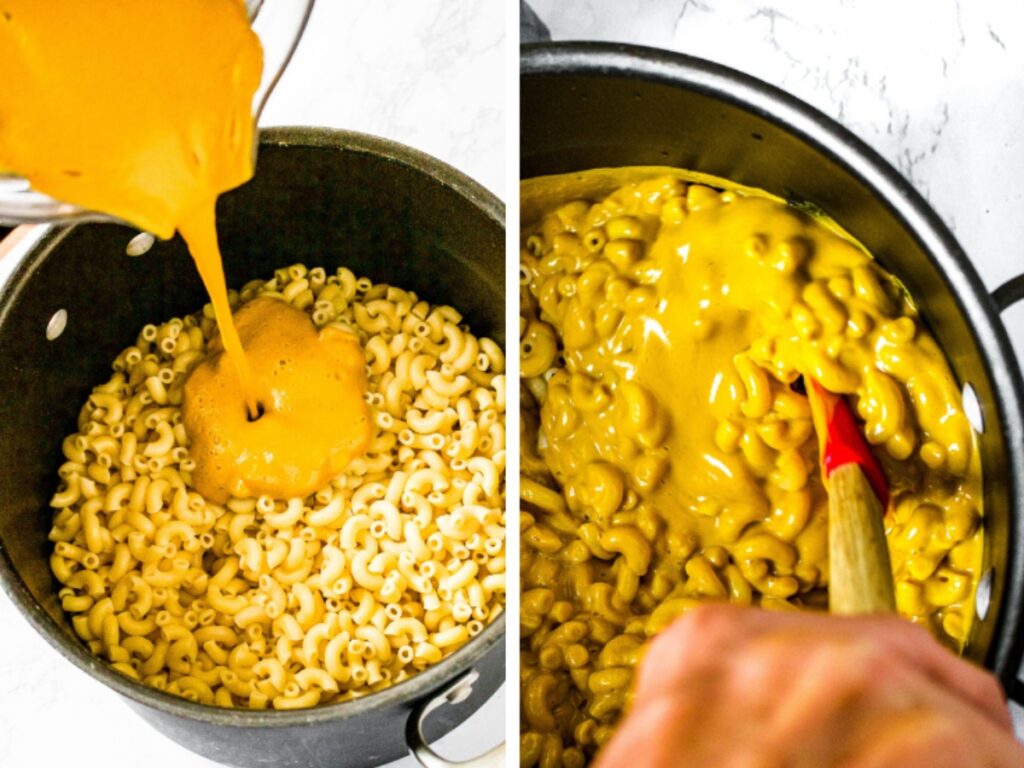 Two photos side by side: One is an overhead shot of the sweet potato cheese sauce being poured over pasta. The second is an overhead shot of a rubber spatula stirring the vegan cheese sauce with the macaroni.