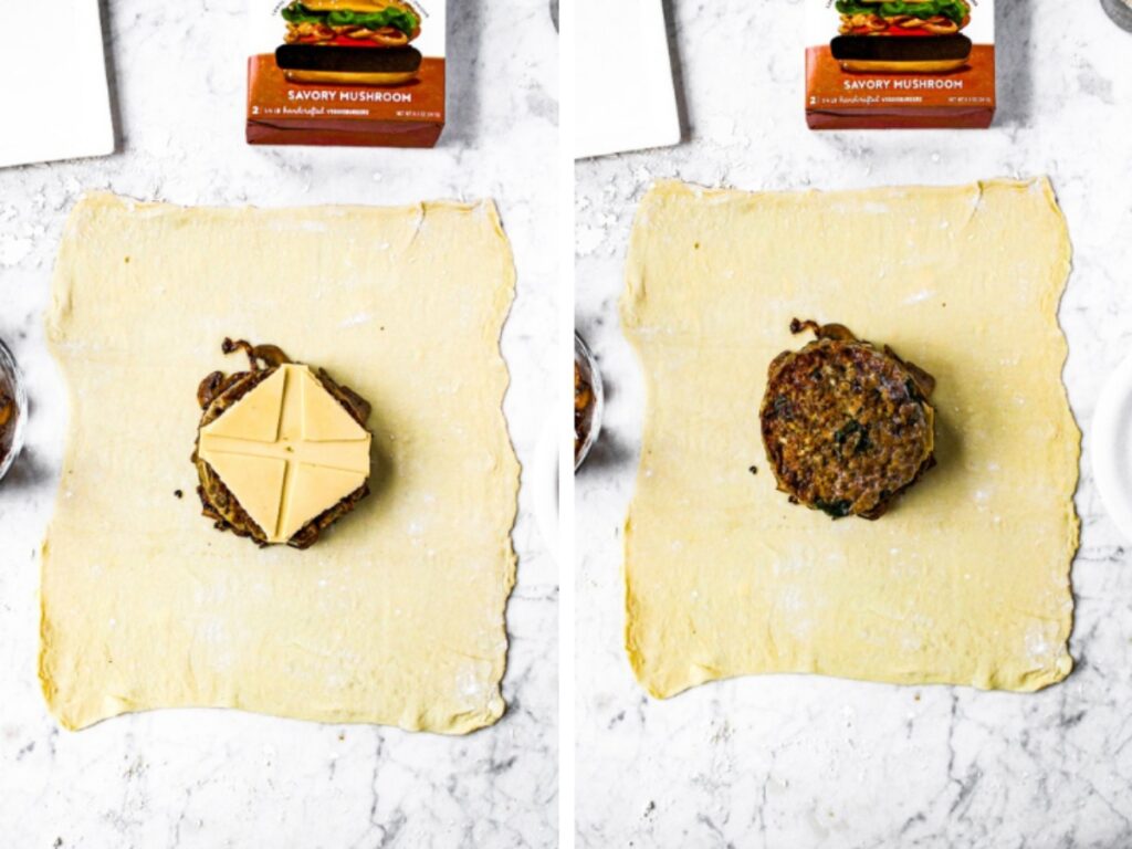 Two photos of the final layers of a vegan burger wellington