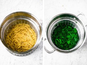 Two photos side by side showing the first two steps to making Veggie Aglio e Olio: First, cook your paste. Next, blanch the broccoli rabe.