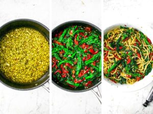 Three side by side photos showing the steps to making vegan aglio e olio: The first shows garlic toasting in a pot of olive oil, the second shows vegetables like broccoli rabe, roasted red peppers, and sun-dried tomatoes mixed into the garlic and olive oil, the last photo shows this veggie mix tossed with spaghetti