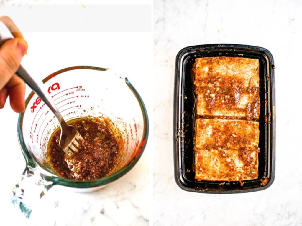 Two photos showing the first two steps of making crispy balsamic tofu cutlets: First, mix the marinade. Then, pour the marinade over the sliced tofu.