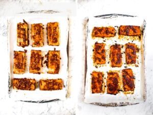 Two photos showing balsamic tomato tofu cutlets on a parchment-lined baking sheet before and after baking