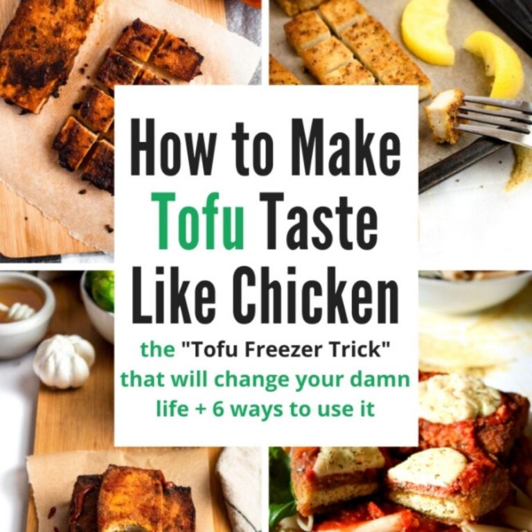 A grid of four photos of various tofu chicken recipes with text in the center reading how to make tofu taste like chicken the tofu freezer trick that will change your life and eight ways to use it