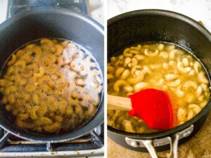 Two side by side photos showing the process of simmering cashews for cashew cheese recipes
