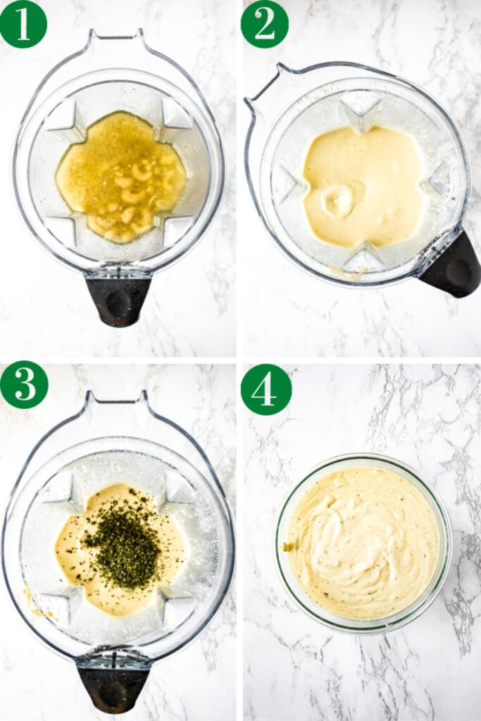 Four photos showing the process of blending cashew cheese mixture: a photo of the blender before blending the mixture, after blending the mixture, before blending the herbs, and after blending the herbs.