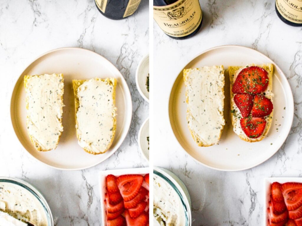 Two side by side photos showing the process of assembling a strawberry cashew cheese sandwich: slice the baguette in half and spread cashew cheese on each side. Top one half with sliced strawberries.