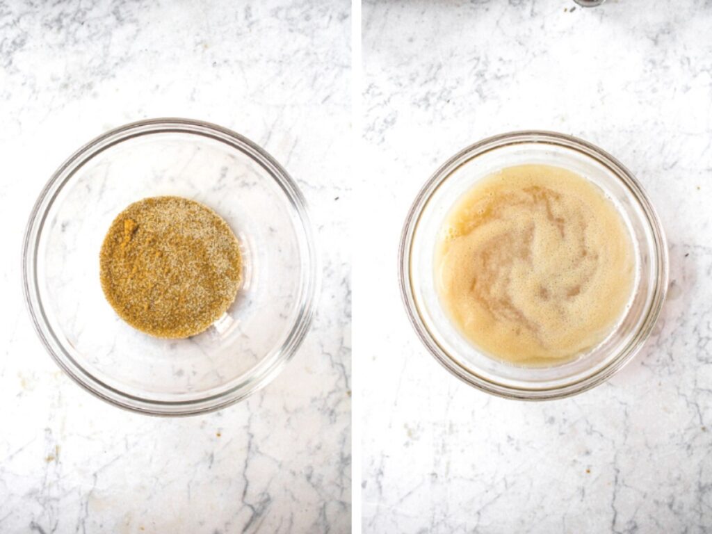 Side by side photos showing before and after the yeast blooms.